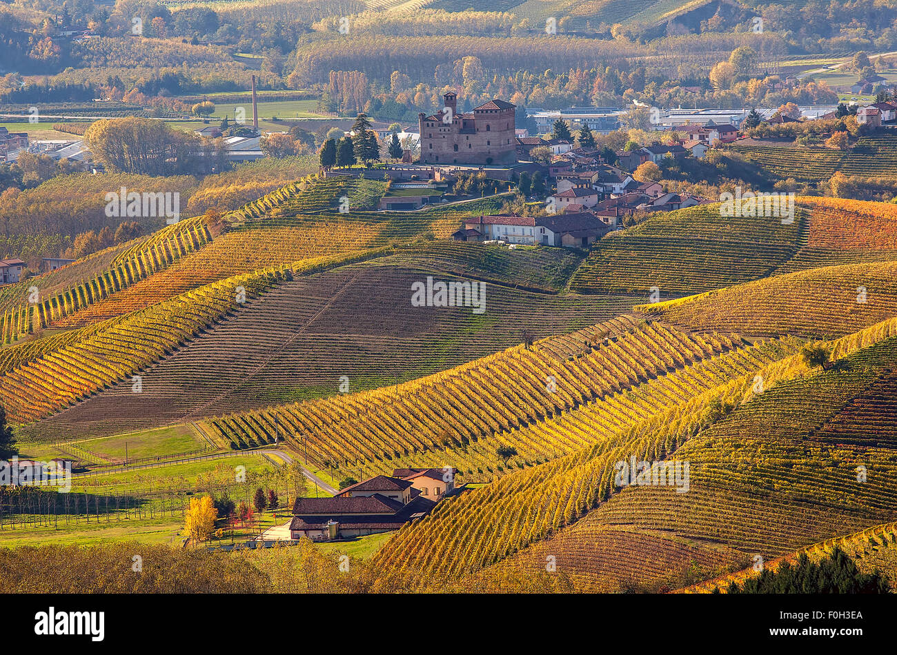Small town on the hill and colorful autumnal vineyards of Piedmont, Northern Italy. Stock Photo