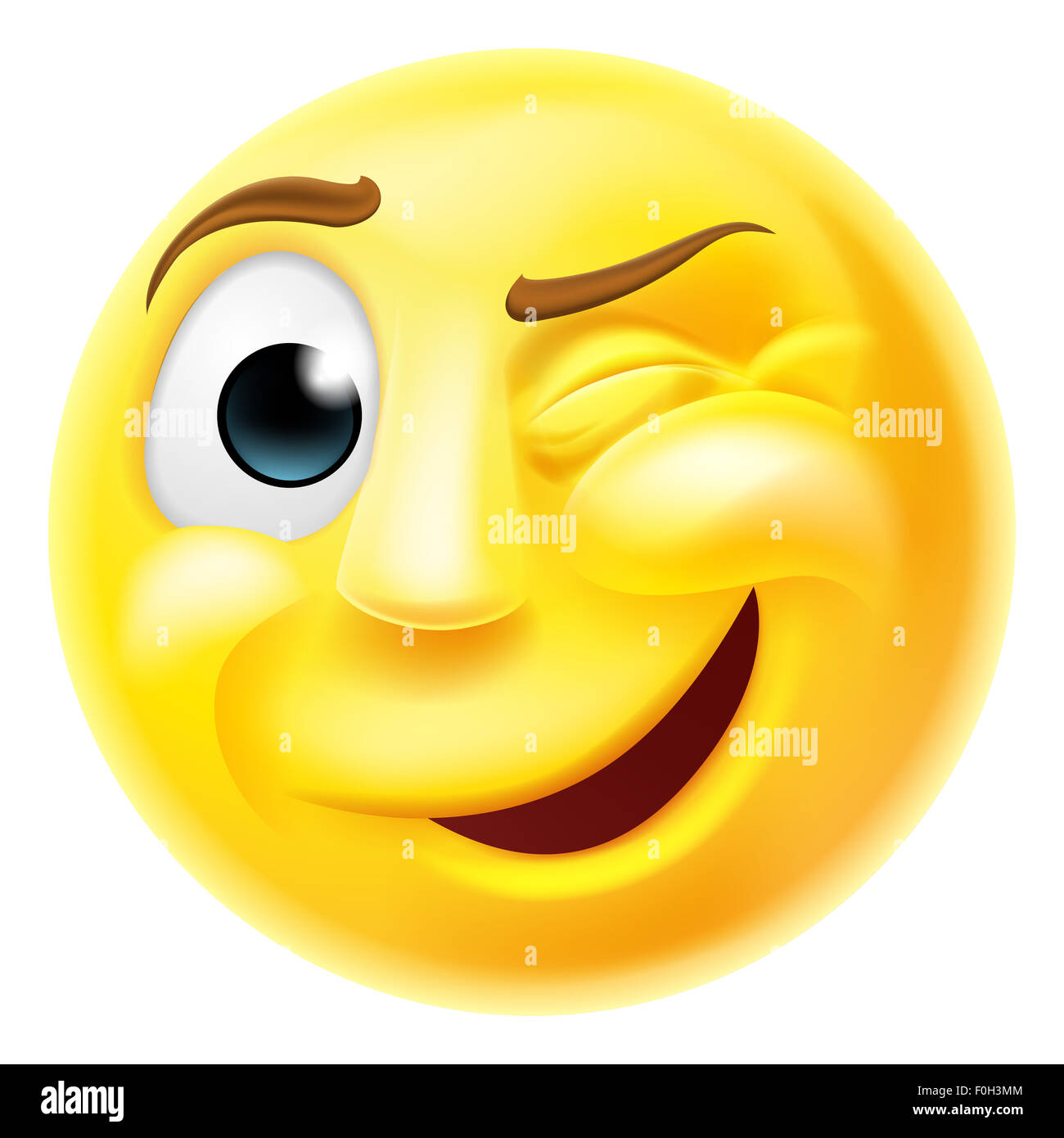 A happy winking emoji emoticon smiley face character winking one eye Stock Photo