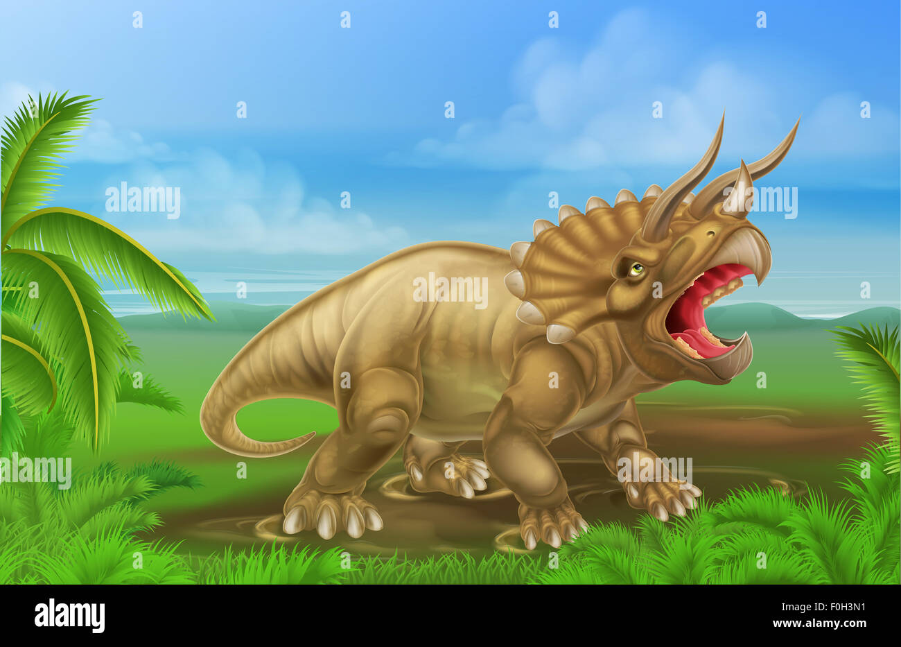 An illustration of atriceratops dinosaur in a prehistoric background Stock Photo