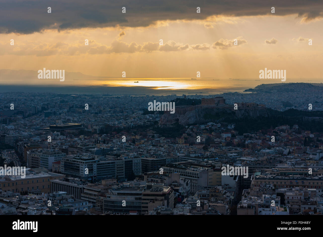 View of Athens and the Acropolis of Athens from Lykavittos Hill, Athens, Greece Stock Photo
