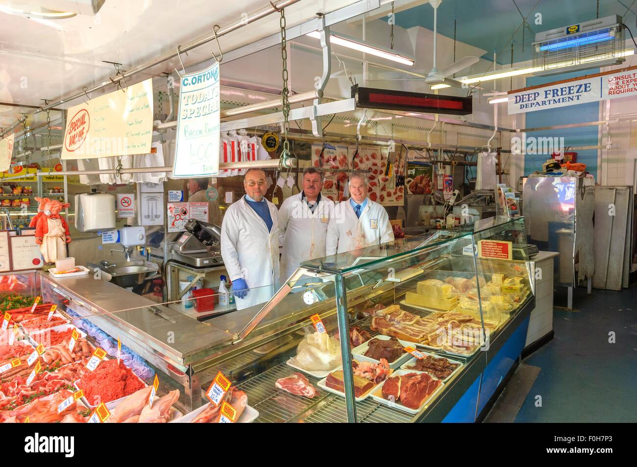 Traditional butchers shop. St Leonards, Sussex, England. UK Stock Photo