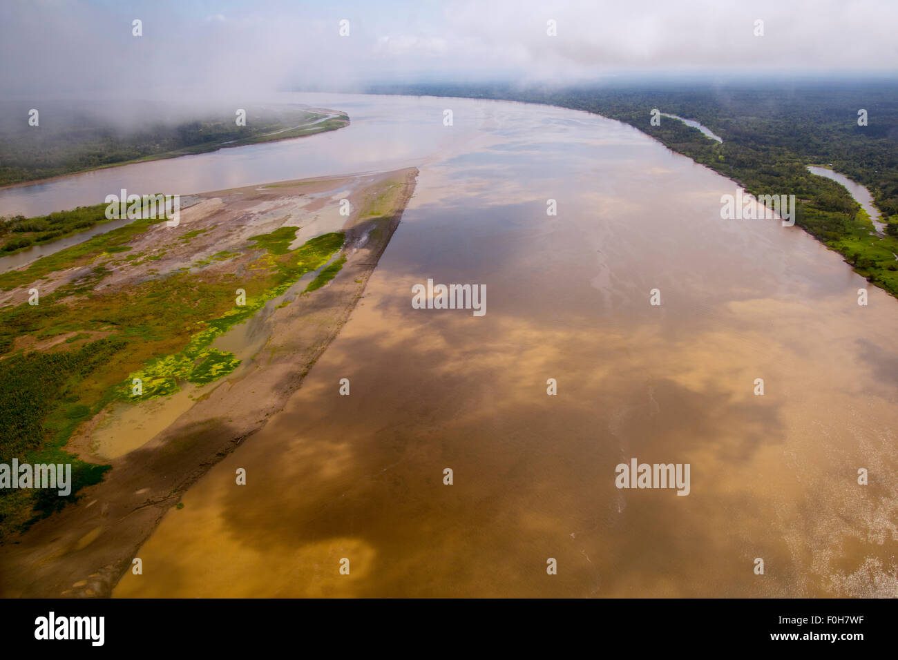 Amazon River aerial, with river island and secondary rainforest, near Iquitos, Peru Stock Photo