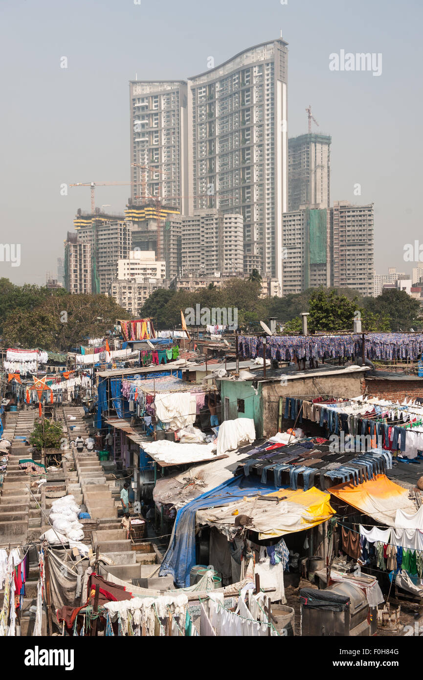 Mumbai, India. Mahalaxmi Dhobi Ghat outdoor open-air laundry, one of Mumbai's main tourist attractions. Stock Photo