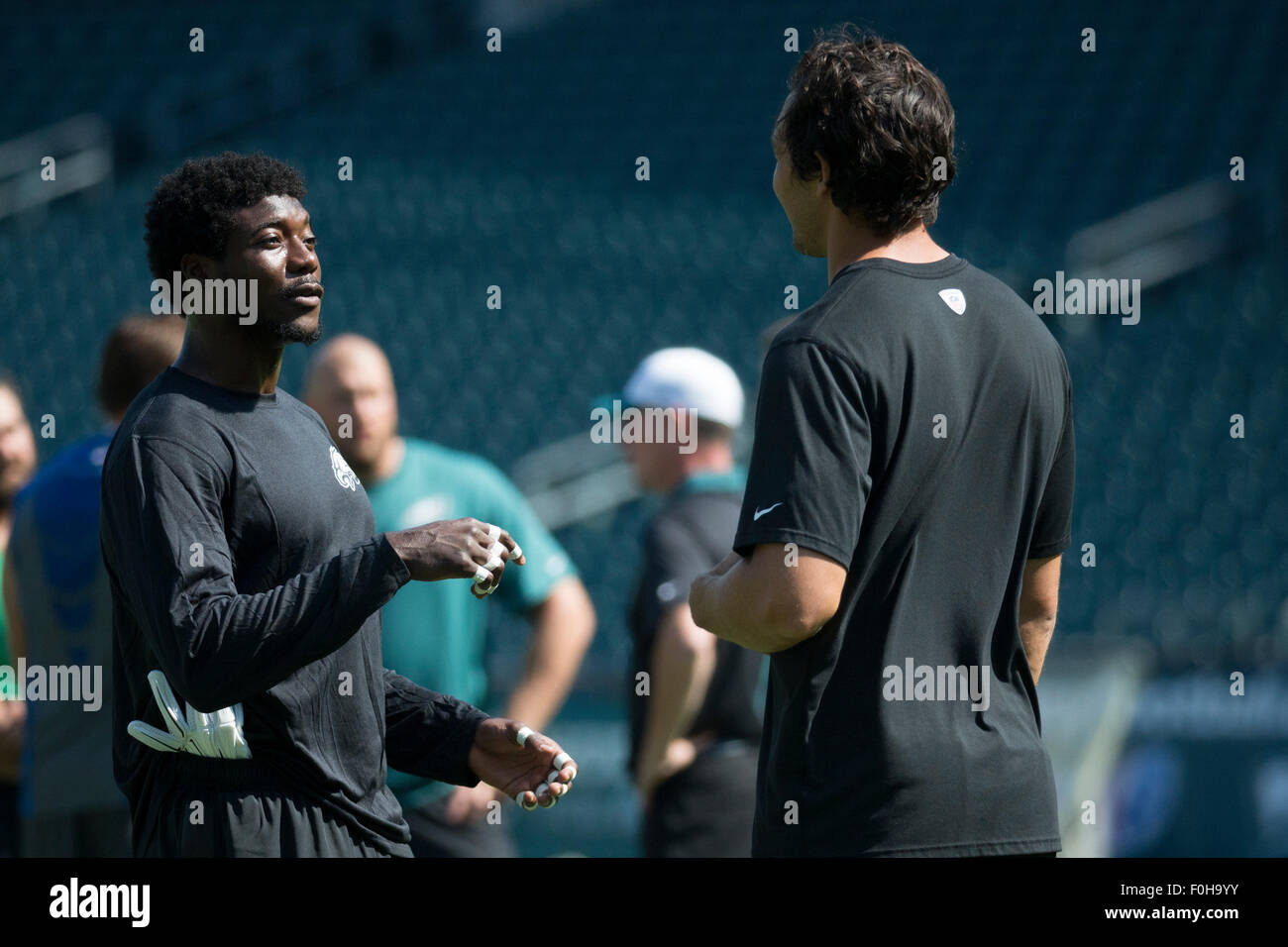 Philadelphia, Pennsylvania, USA. 16th Aug, 2015. Philadelphia Eagles defensive back Byron Maxwell (31) talks with quarterback Sam Bradford (7) during warm-ups prior to the NFL game between the Indianapolis Colts and the Philadelphia Eagles at Lincoln Financial Field in Philadelphia, Pennsylvania. Christopher Szagola/CSM/Alamy Live News Stock Photo