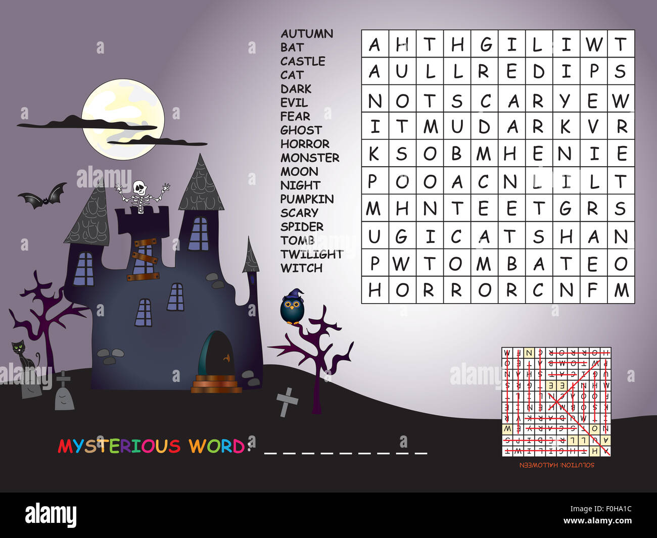 game for children for halloween: find all words (horizontal, vertical and diagonal). Use the remaining letters to find the myste Stock Photo