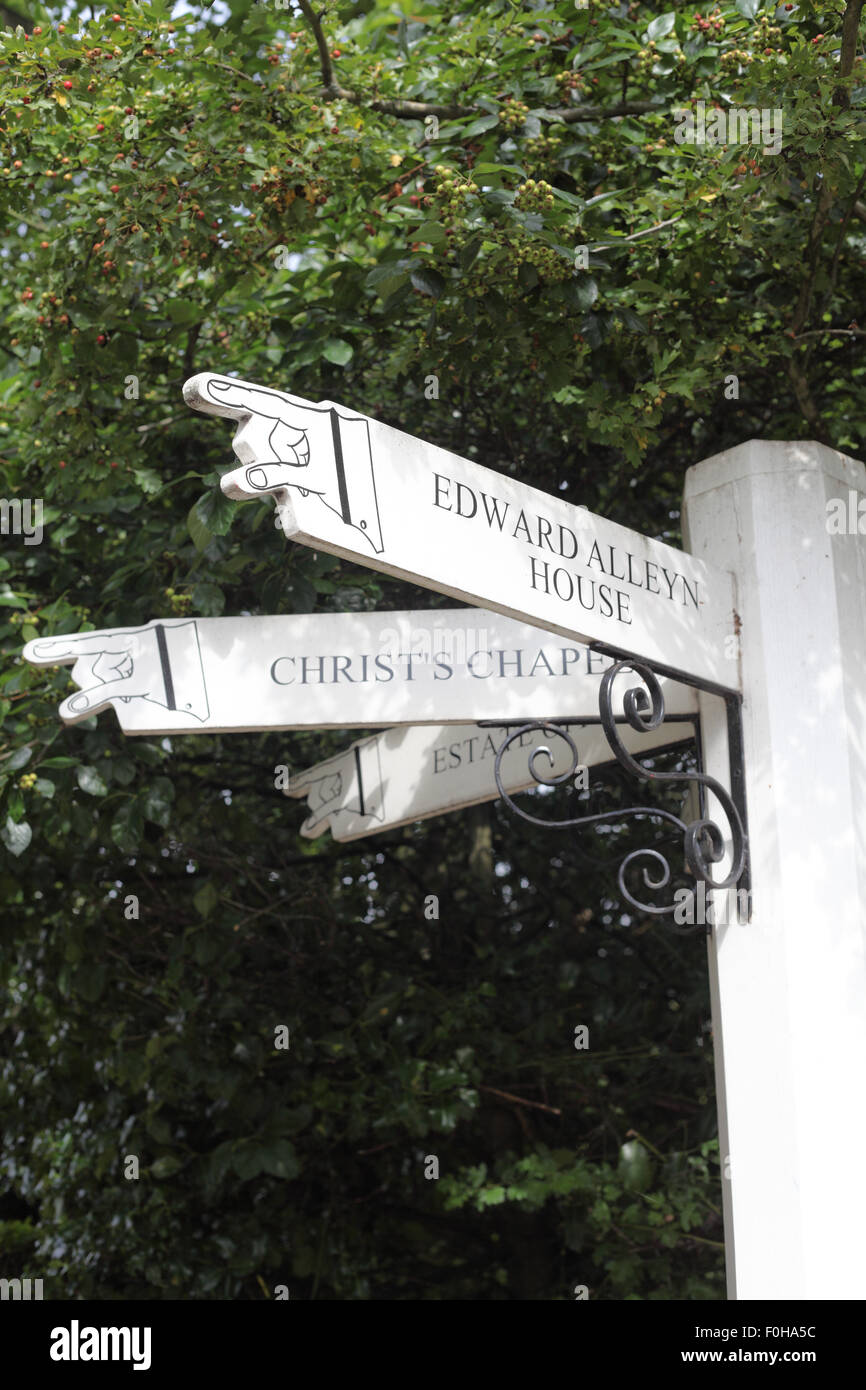 Direction signs for Edward Alleyn House and Christ's Chapel, Dulwich Village, London SE21 Stock Photo