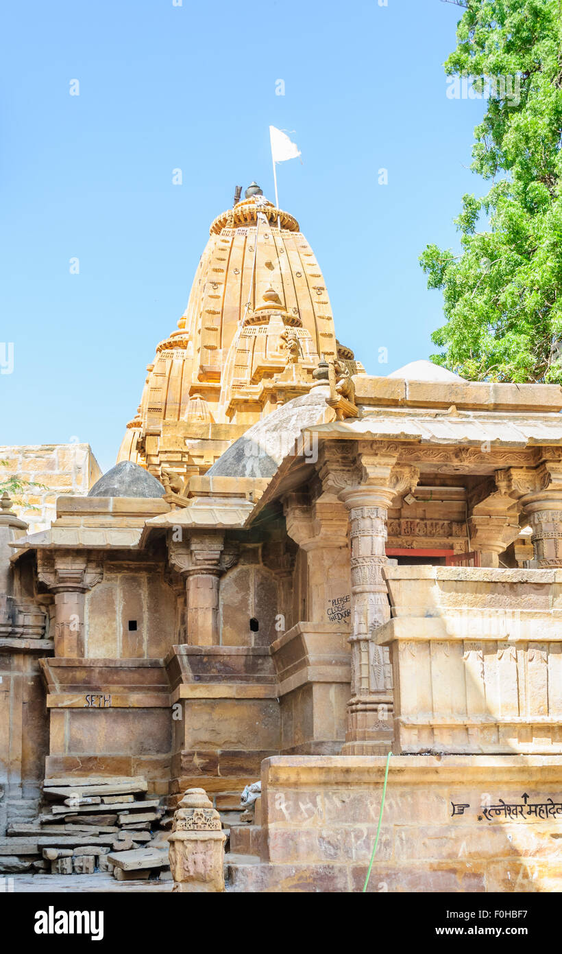 Ancient sandstone made Hindu Temple inside Golden fort of Jaisalmer, Rajasthan, India with copy space Stock Photo