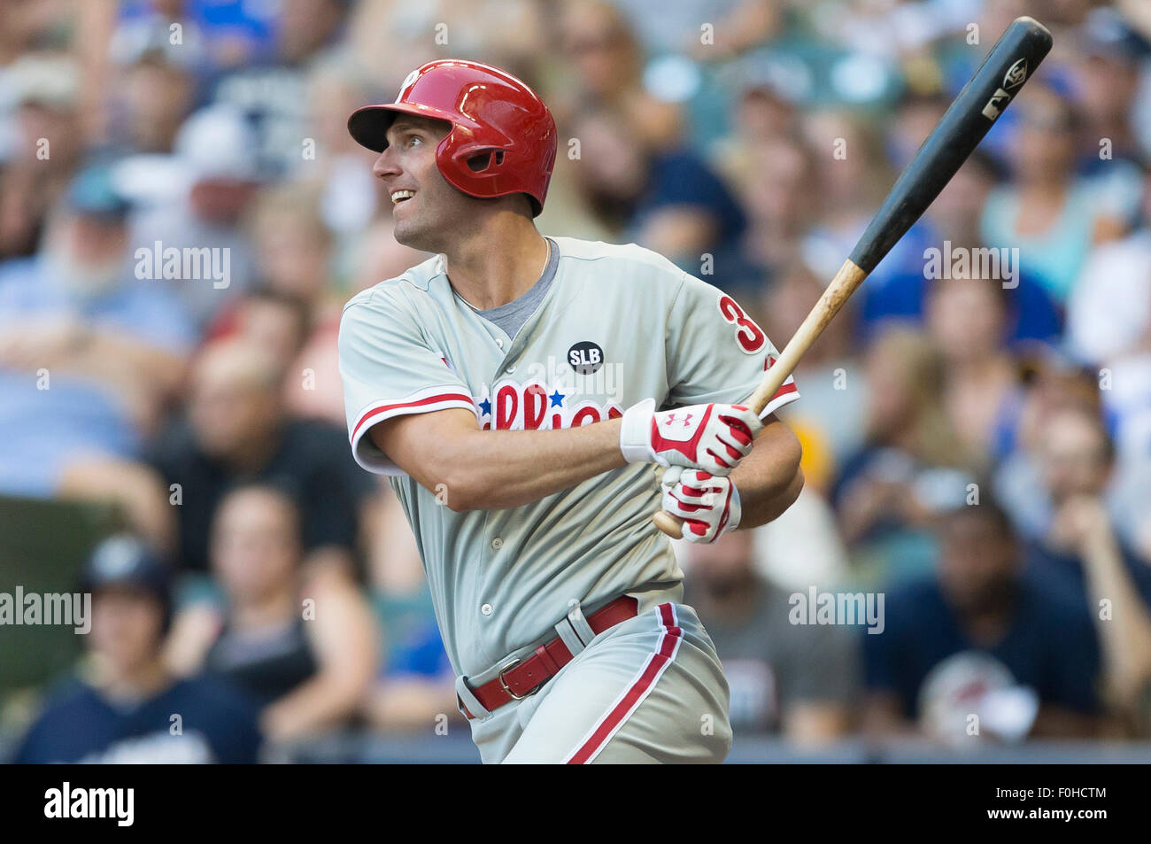Milwaukee, WI, USA. 15th Aug, 2015. Philadelphia Phillies right fielder Jeff Francoeur #3 during game action in the Major League Baseball game between the Milwaukee Brewers and the Philadelphia Phillies at Miller Park in Milwaukee, WI. John Fisher/CSM/Alamy Live News Stock Photo