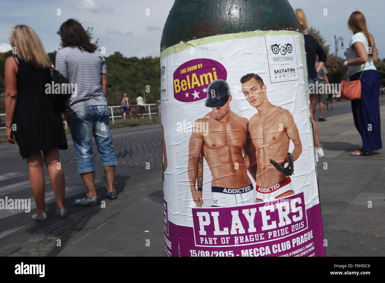 Prague, Czech Republic. 15th August 2015. Hungarian gay porn actors Kris  Evans (L) and Hoyt Kogan (R) depicted in the street poster advertising the  Belami Live Show during the OMG Party in