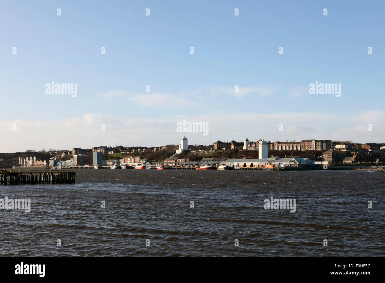 The River Tyne and North Shields in England. The town has a fishing port. Stock Photo
