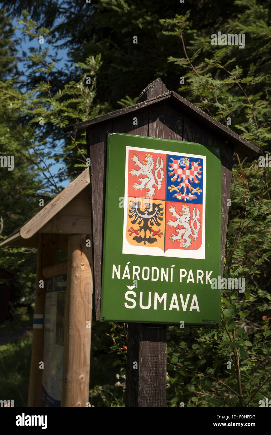 The official sign for Šumava National Park in Czech Republic.  Das offizielle Schild für den Sumava-Nationalpark in Tschechien.. Stock Photo