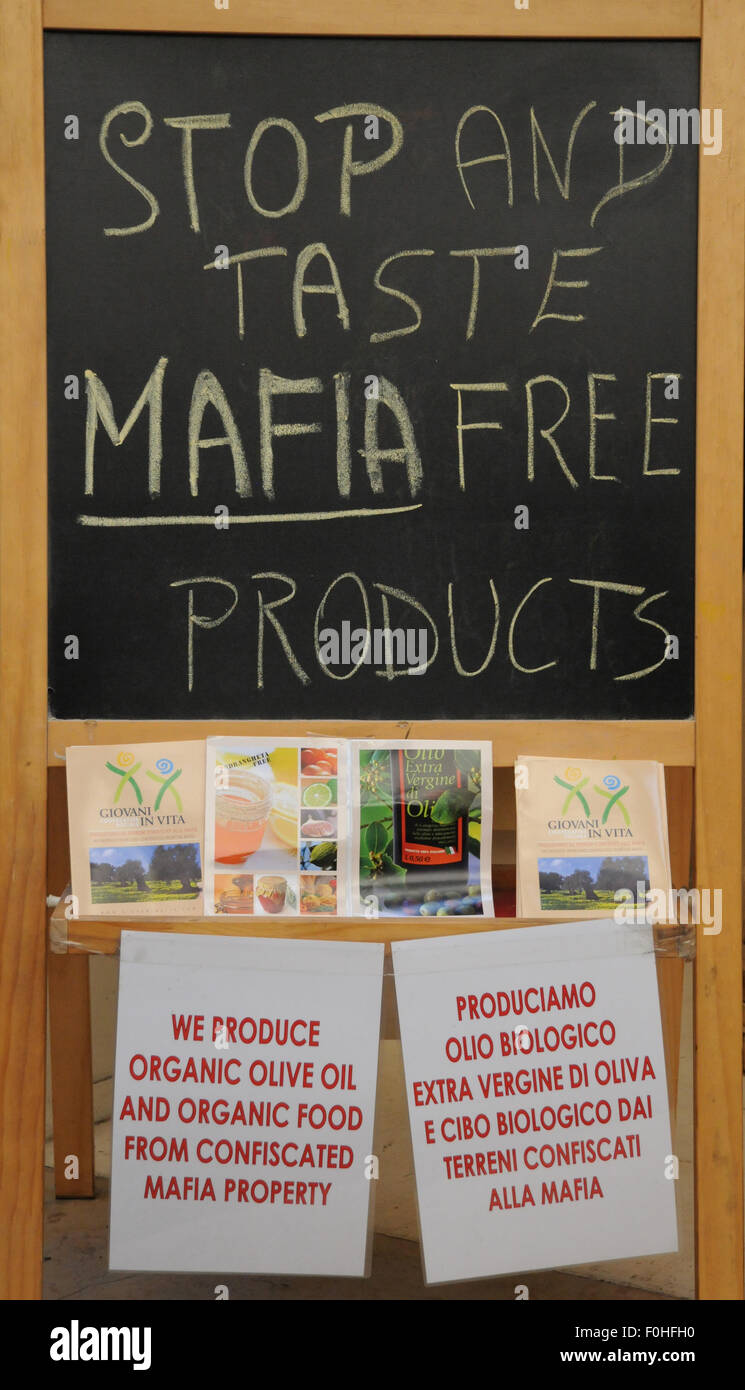 Anti Mafia sign outside a delicatessen in the Tuscan city of Florence, Italy. Stock Photo