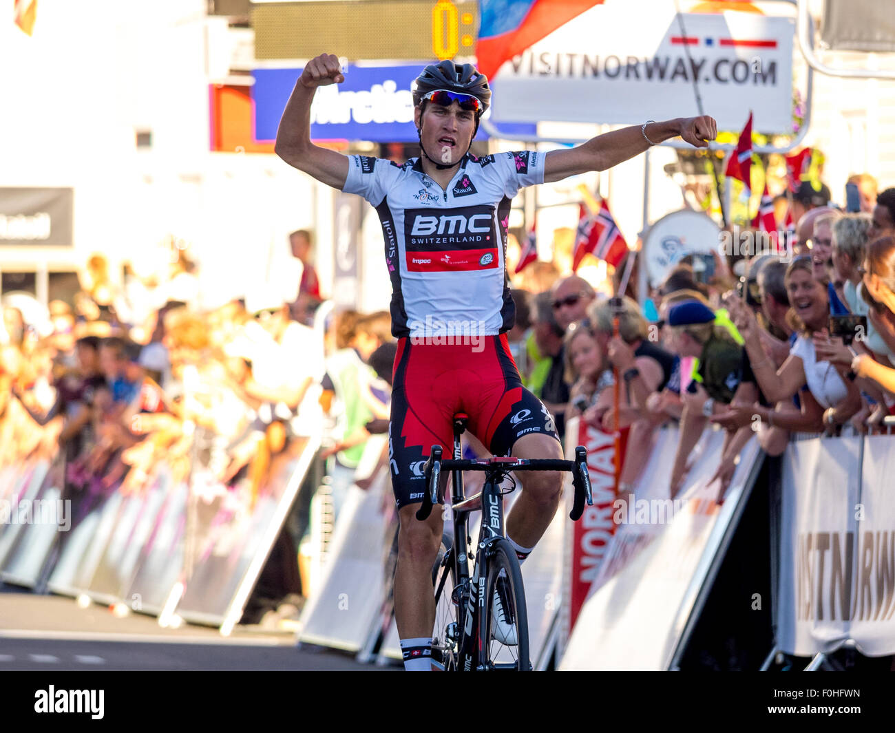 Narvik, Norway, 16th August 2015. Silvan Dillier from Switzerland cycling for BMC Racing Team was the winner of the 4th stage of Arctic Race of Norway 2015. The stage was 165km and started and ended in Narvik. Credit:  Ole Mathisen/Alamy Live News Stock Photo