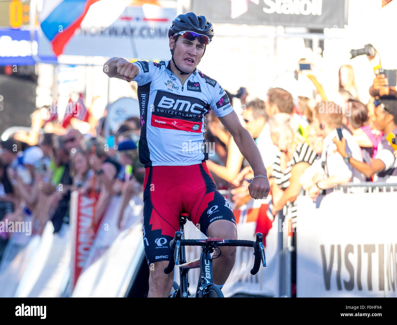 Narvik, Norway, 16th August 2015. Silvan Dillier from Switzerland cycling for BMC Racing Team was the winner of the 4th stage of Arctic Race of Norway 2015. The stage was 165km and started and ended in Narvik. Credit:  Ole Mathisen/Alamy Live News Stock Photo
