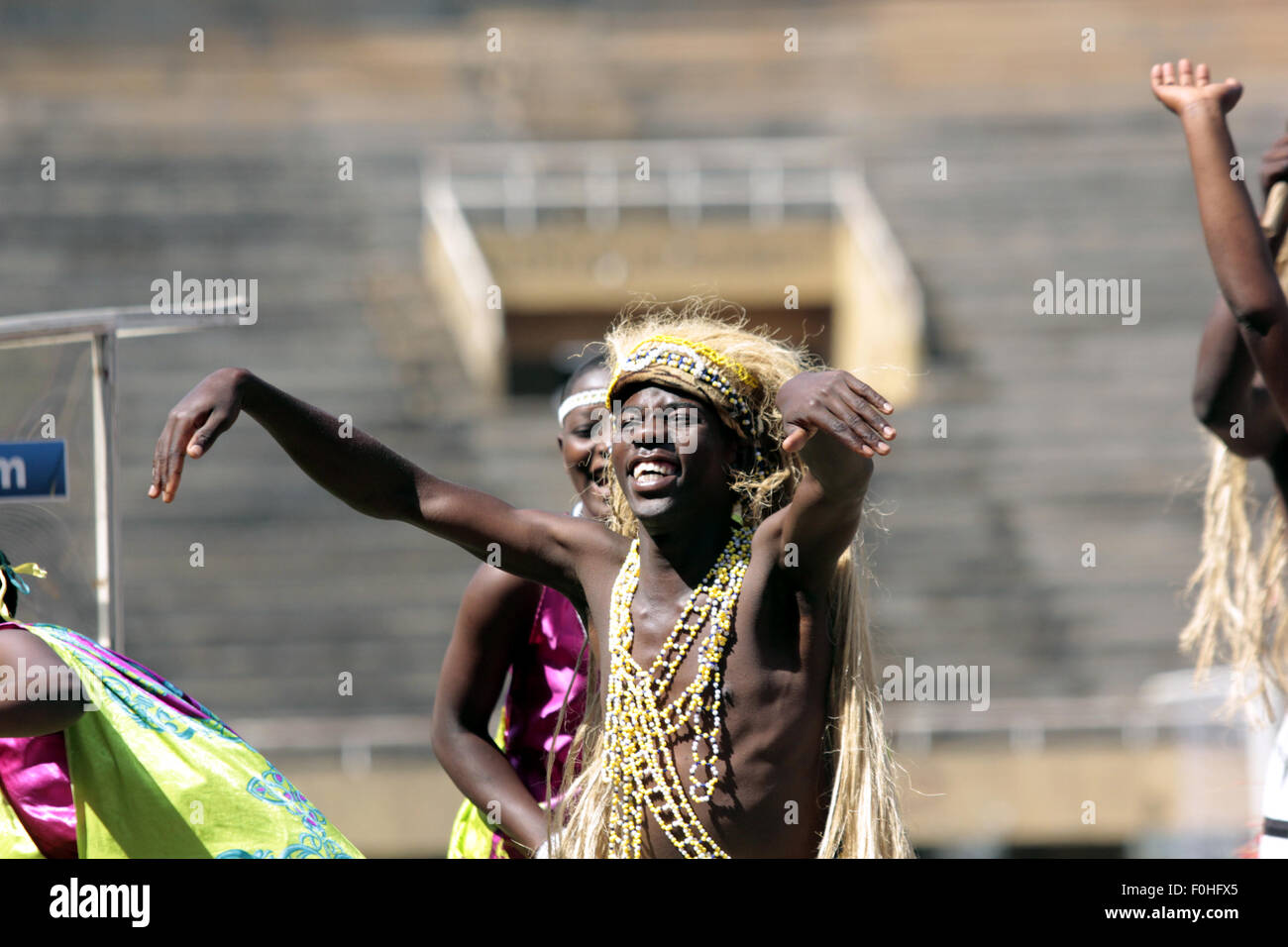 Kampala, Uganda. 16th August, 2015. Traditional dancers perform during the launch of the East Africa Military Games in Uganda. The annual games meant to foster cooperation and regional integration involve armed forces from Rwanda, Burundi, Kenya, Tanzania and Uganda. Credit:  Samson Opus/Alamy Live News Stock Photo