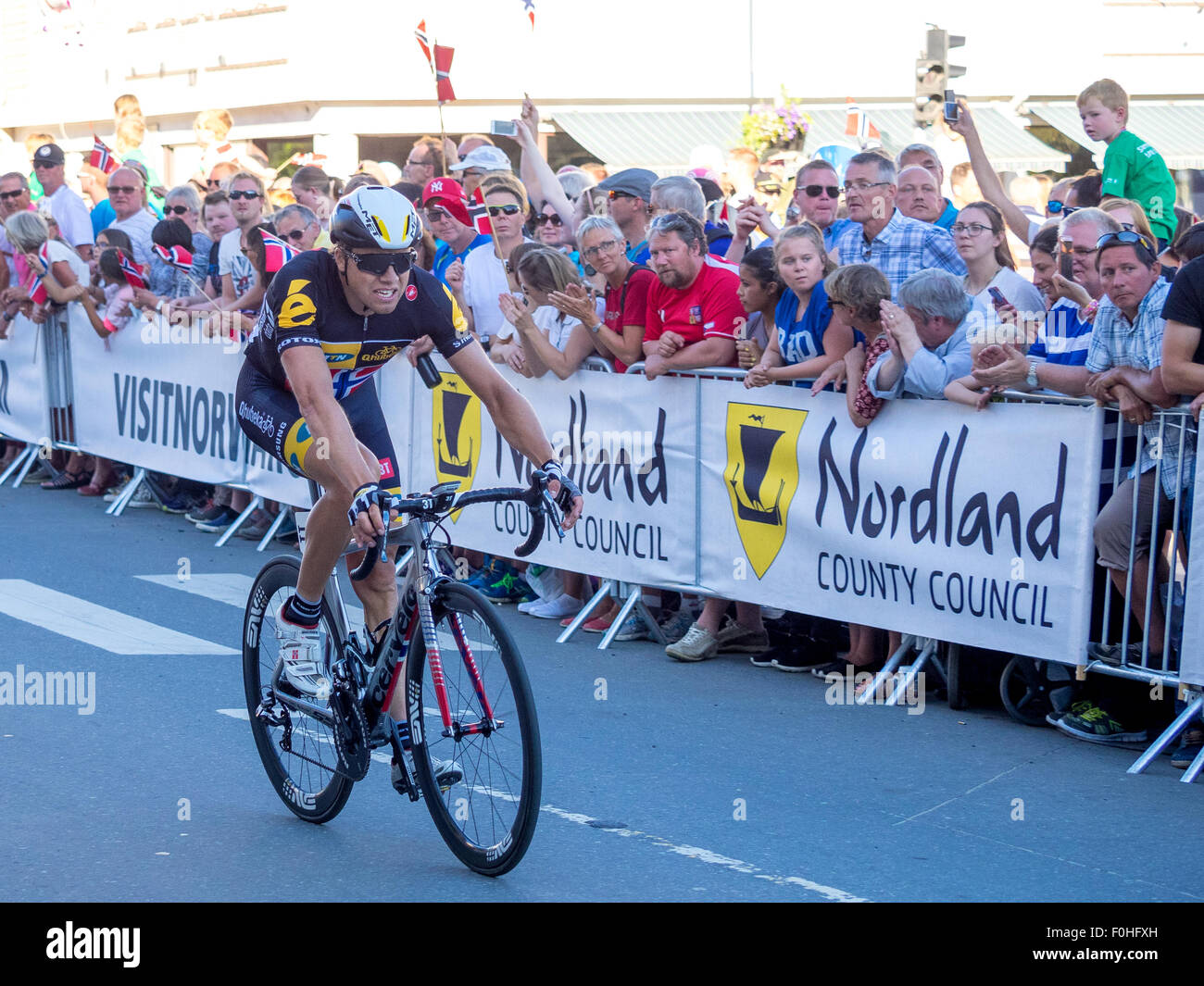 Narvik, Norway, 16th August 2015.  Edvald Boasson Hagen from Norway cycling for MTN-Qhubeka finished the 4th stage of Arctic Race of Norway 2015. The stage was 165km and started and ended in Narvik. Credit:  Ole Mathisen/Alamy Live News Stock Photo