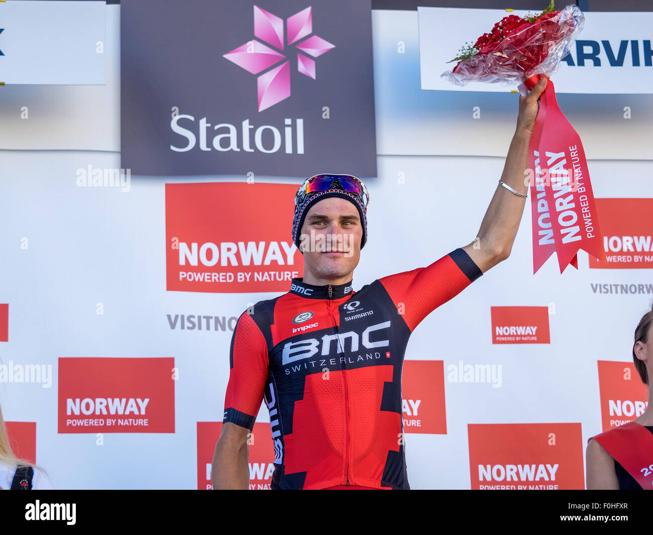 Narvik, Norway, 16th August 2015.  Silvan Dillier from Switzerland cycling for BMC Racing Team was the winner of the 4th stage of Arctic Race of Norway 2015. The stage was 165km and started and ended in Narvik. Credit:  Ole Mathisen/Alamy Live News Stock Photo