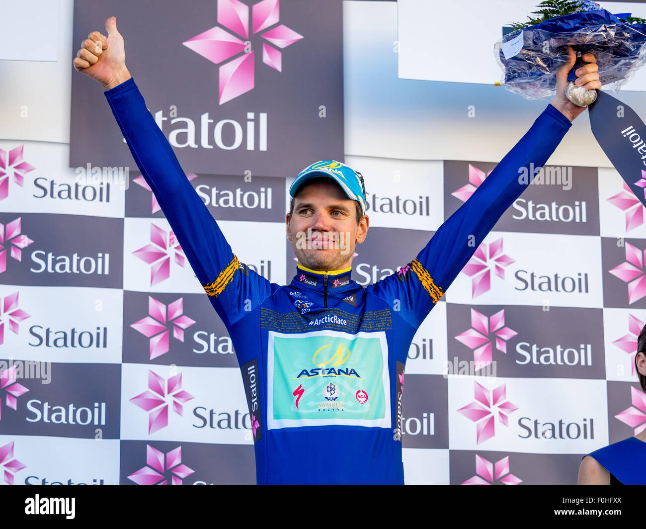 Narvik, Norway, 16th August 2015.  Rein Taaramae from Estonia cycling for Astana Pro Team was the overall winner of the 3rd edition of Arctic Race of Norway. The 4th stage of Arctic Race of Norway was 165km and started and ended in Narvik. Credit:  Ole Mathisen/Alamy Live News Stock Photo
