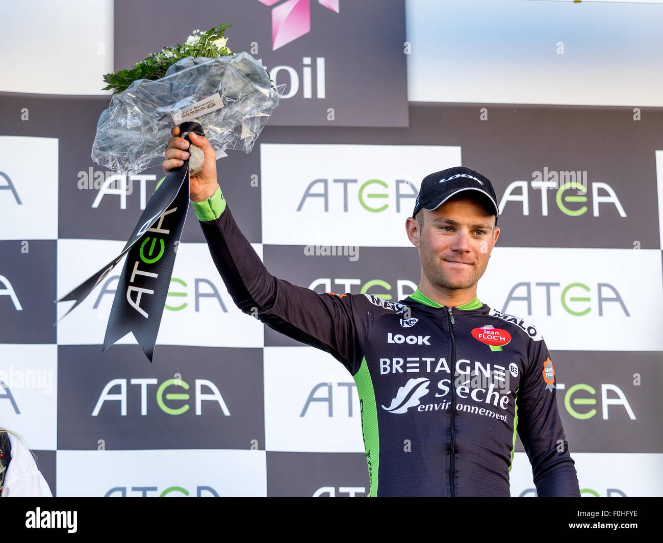 Narvik, Norway, 16th August 2015.  Maxime Cam from France cycling for Bretagne-Seche Environnement was awarded the price for the most aggressive rider in the 4th stage of Arctic Race of Norway 2015. The stage was 165km and started and ended in Narvik. Credit:  Ole Mathisen/Alamy Live News Stock Photo