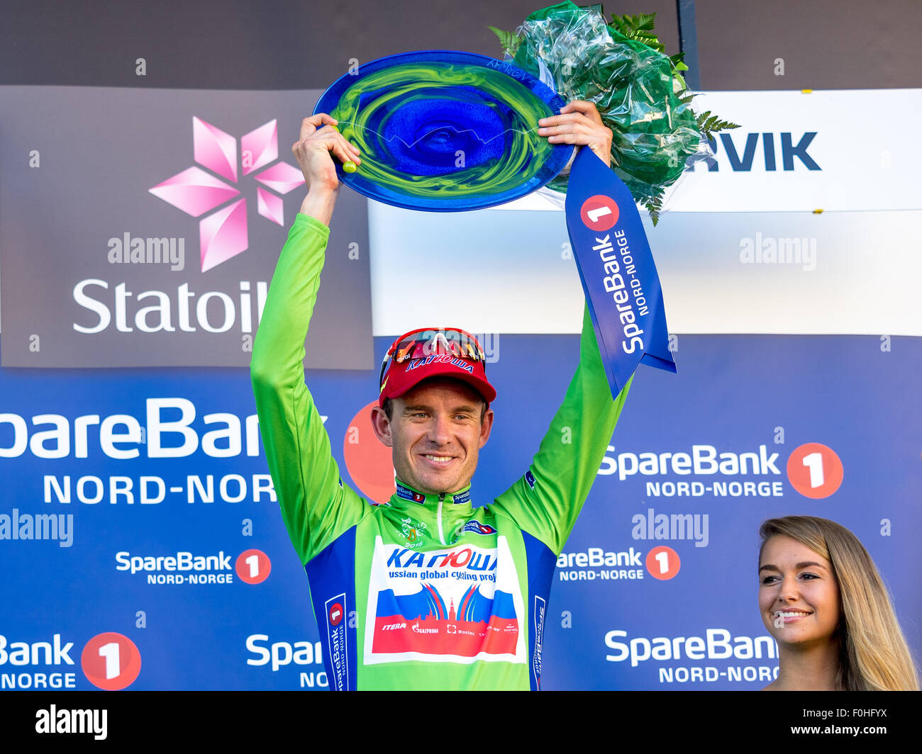 Narvik, Norway, 16th August 2015.  Alexander Kristoff from Norway cycling for Team Katusha was the winner of the green points jersey in the 2015 edition of Arctic Race of Norway. The 4th stage of Arctic Race of Norway 2015 was 165km and started and ended in Narvik. Credit:  Ole Mathisen/Alamy Live News Stock Photo