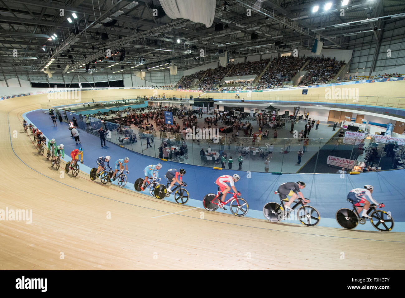 Derby, UK. 16th Aug, 2015. Cyclists compete in the Revolution Series at the new Derby Arena, Derby, United Kingdom on 16 August 2015. The Revolution Series is a professional track racing series featuring many of the world's best track cyclists. This event, taking place over 3 days from 14-16 August 2015, is an important preparation event for the Rio 2016 Olympic Games, allowing British riders to score qualifying points for the Games. Credit:  Andrew Peat/Alamy Live News Stock Photo