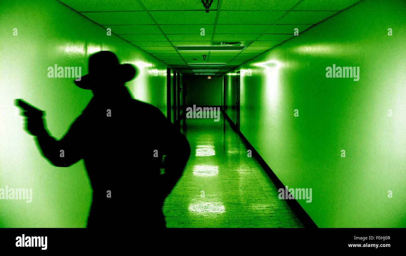 bad, corridor, guy, handgun, man, silhouette, concept Stock Photo