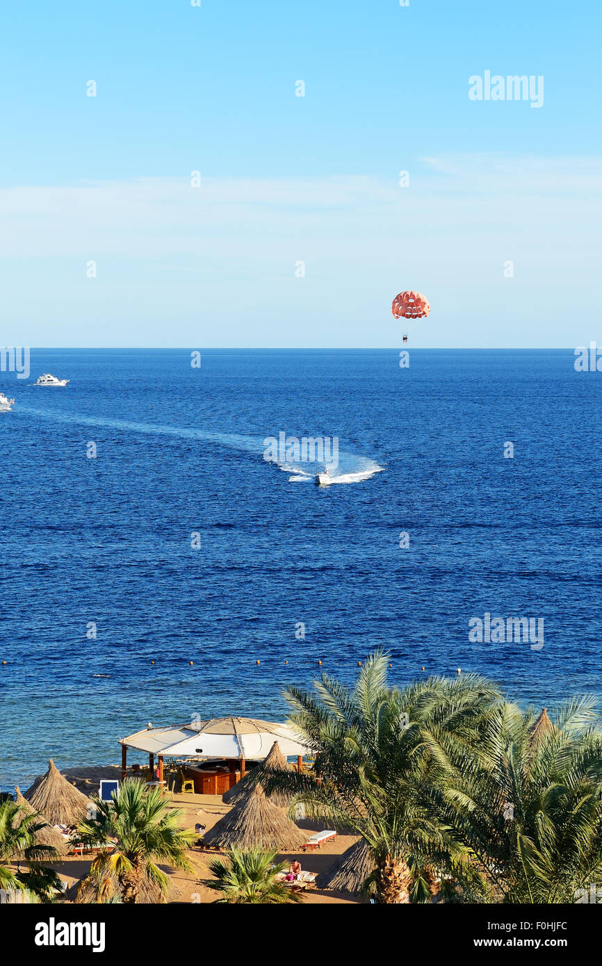 Parasailing and beach of luxury hotel, Sharm el Sheikh, Egypt Stock Photo