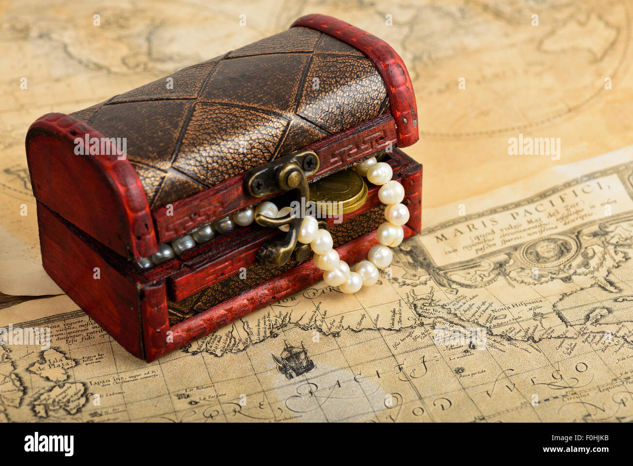 Treasure map, chest and coins Stock Photo Alamy