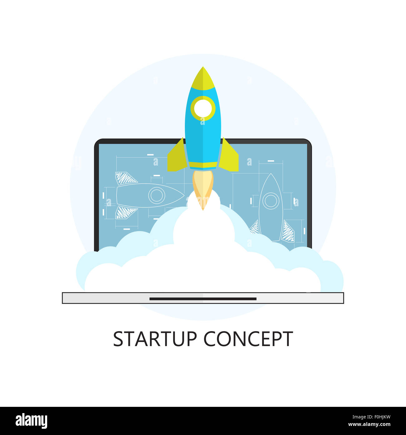 Flat rocket icon. Startup concept. Project development. Modern laptop. Stock Photo