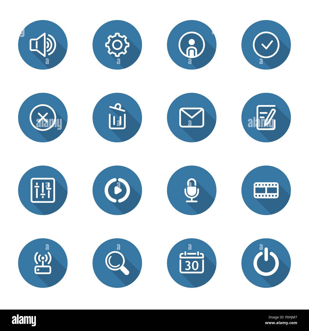 Flat Design Icon Set of  movie network, equalizer, microphone recorder, sound speaker, settings, personal profile, envelope, mai Stock Photo