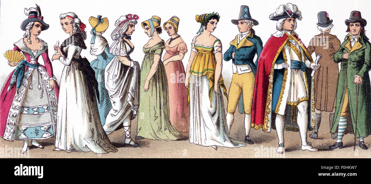 The figures illustrated here represent French people between 1790 and 1804. They are, from left to right: three ladies (1790), female citizen (1795), three female citizens (1799), citizen (1790), Member of the Directory, two citizens (1792).The illustration dates to 1882. Stock Photo