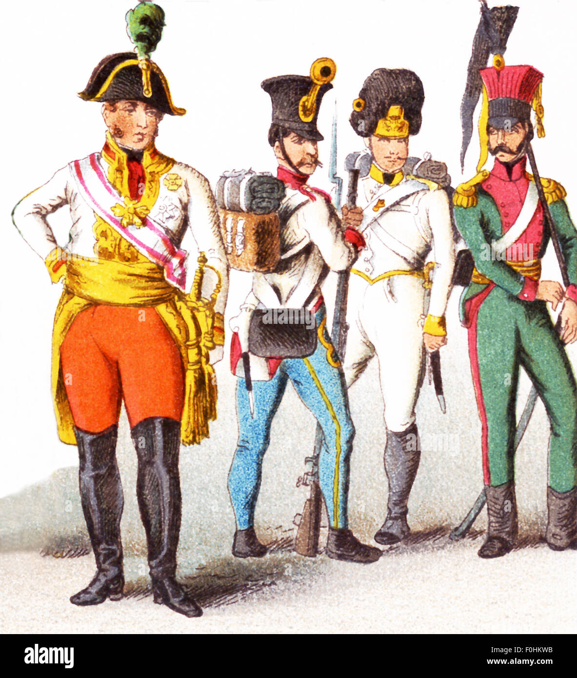 The figures pictured here represent Austrian military. From left to right, they are:   Austrian Field Marshal 1809, Austro-Hungarian infantry 1815,  Austrian Grenadier 1813,  Austrian Uhlan 1809. The illustration dates to 1882. Stock Photo