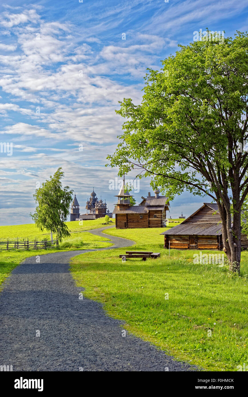Road to the Kizhi site, o[en air museum and conservation area in summer. Kizhi is the UNESCO world heritage site in Karelia (Northern Russia). Stock Photo