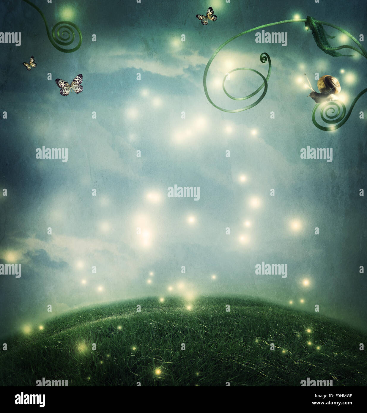 Fantasy night landscape with a small snail, butterflies and tendrils Stock Photo
