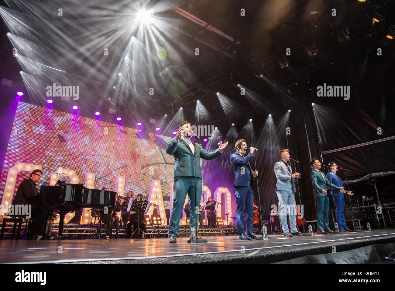 Betley, Cheshire, UK. 16th August, 2015. Collabro performs live at Betley Concerts held at