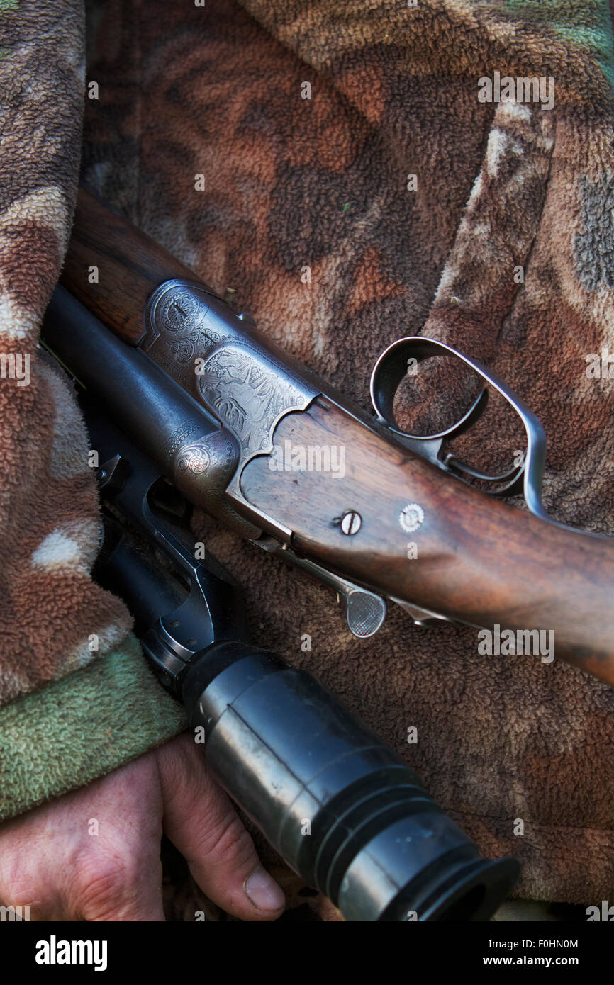 Close-up of hunter's rifle engraving showing a roaring Red deer (Cervus ...