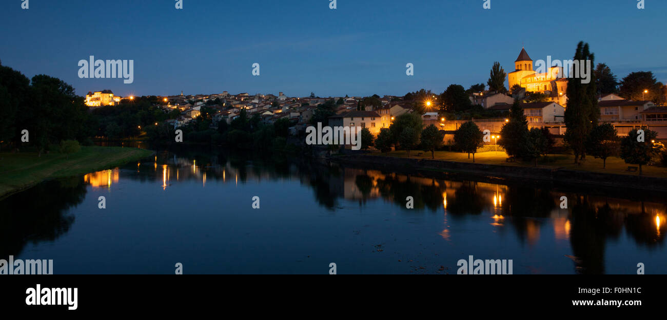 Pont-du-Chateau viewed from across the river Allier at night, Auvergne, France, August 2010 Stock Photo