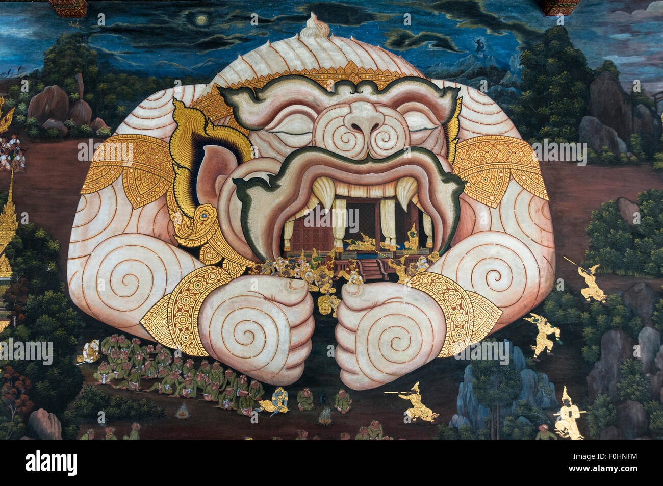 Restored wall murals (Ramakien) in Wat Phra Kaeo Grand Palace (Temple of the Emerald Buddha), Bangkok, Stock Photo