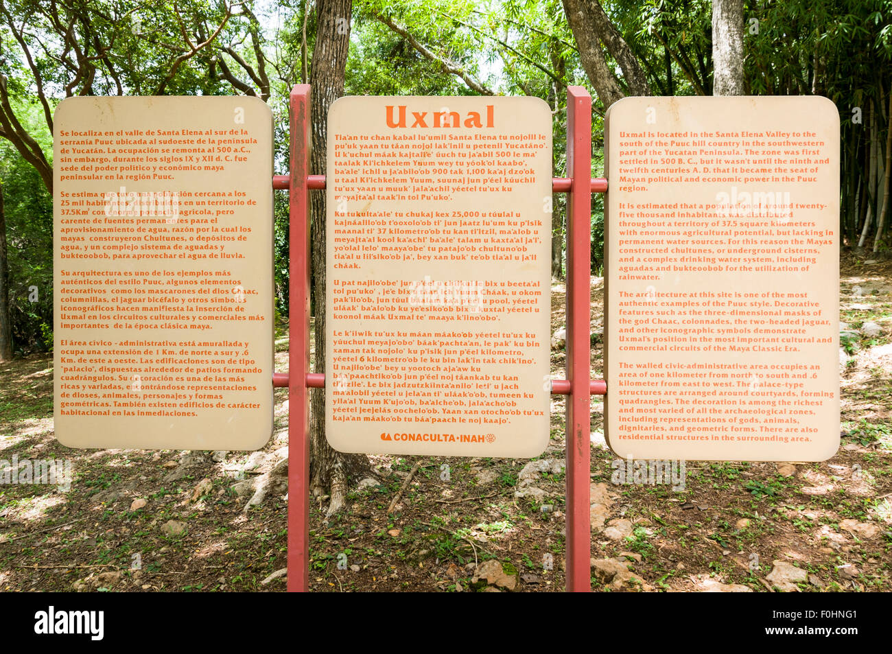 Information sign at the entrance to Mayan ruins at Uxmal in the Yucatan, Mexico Stock Photo