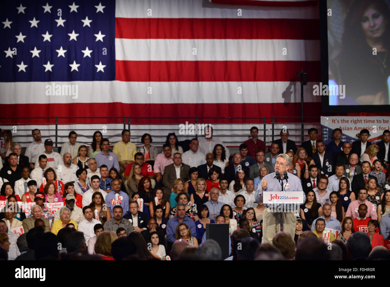 Former Florida Governor Jeb Bush on stage to announce his candidacy for the 2016 Republican presidential nomination at Miami Dade College - Kendall Campus Theodore Gibson Health Center (Gymnasium). John Ellis 'Jeb' Bush will attempt to follow his brother and father into the nation's highest office when he officially announces today that he'll run for president of the United States.  Featuring: Don Gaetz Where: Miami, Florida, United States When: 15 Jun 2015 Stock Photo