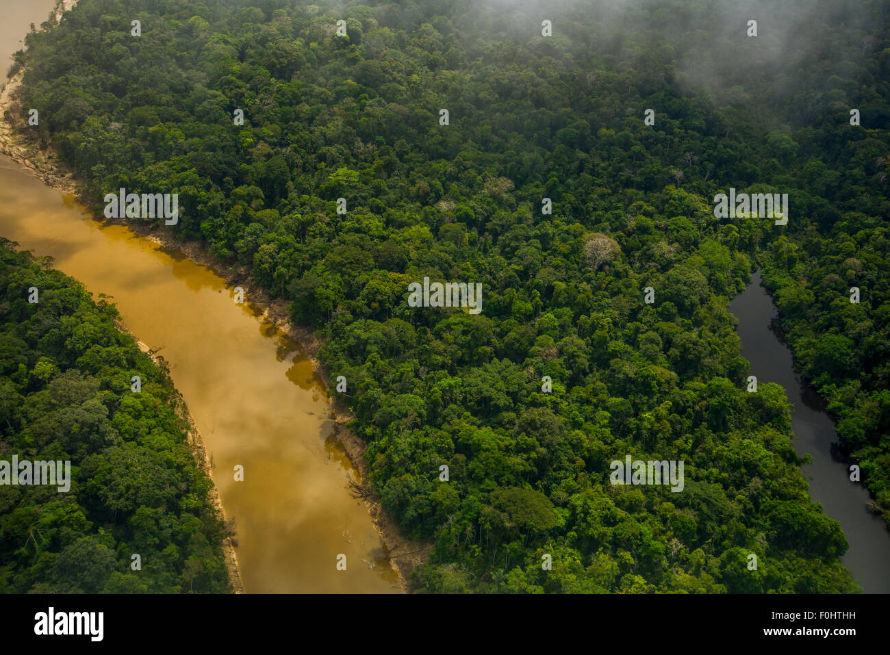 Amazon Rainforest aerial. Primary forest, Yavari Miri River and oxbow lake, between Iquitos, Peru and Brazilian border Stock Photo