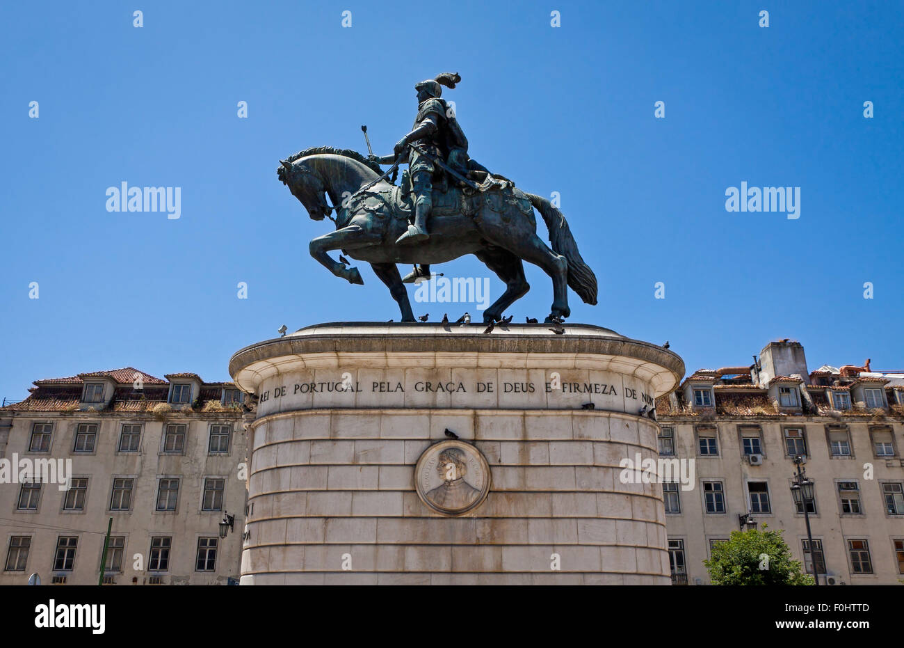 Equestrian bronze statue of Dom Joao I, also known as John I of Portugal, located in Figueira Square in Lisbon, Portugal Stock Photo