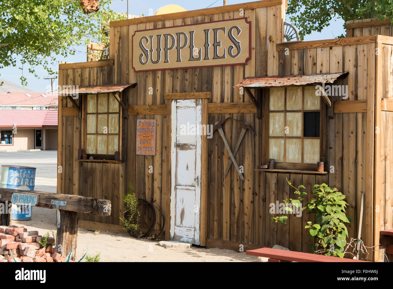 Old west style supply store facade in the Mojave desert town of Joshua