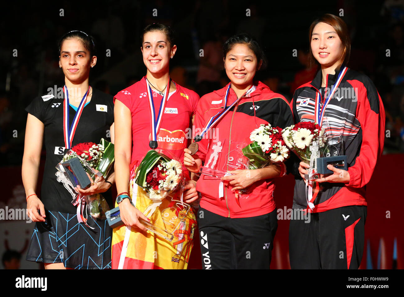 Istora Senayan Arena, Jakarta, Indonesia. 16th Aug, 2015. (L-R) Saina Nehwal (IND), Carolina Marin (ESP), Lindaweni Fanetri (INA), Sung Ji Hyun (KOR), AUGUST 16, 2015 - Badminton : TOTAL BWF World Championships 2015 Women's Singles Medal ceremony at Istora Senayan Arena, Jakarta, Indonesia. © Shingo Ito/AFLO SPORT/Alamy Live News Stock Photo