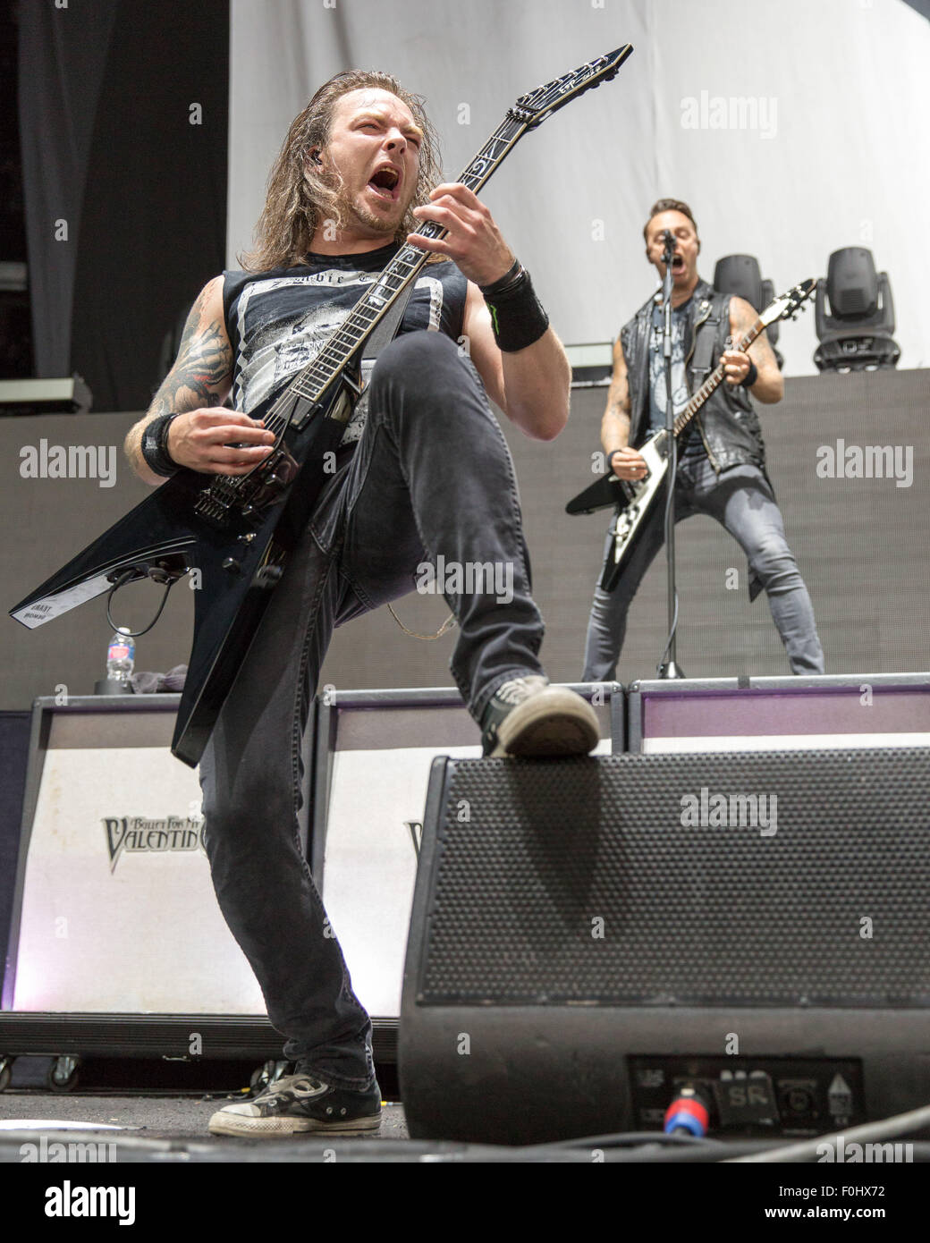 Tinley Park, Illinois, USA. 15th Aug, 2015. MICHAEL PAGET (L) and MATTHEW TUCK of Bullet For My Valentine perform live on the 'Summer's Last Stand' tour at the Hollywood Casino Amphitheatre in Tinley Park, Illinois Credit:  Daniel DeSlover/ZUMA Wire/Alamy Live News Stock Photo