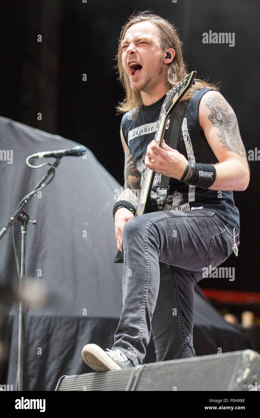 Tinley Park, Illinois, USA. 15th Aug, 2015. Guitarist MICHAEL PAGET of Bullet For My Valentine performs live on the 'Summer's Last Stand' tour at the Hollywood Casino Amphitheatre in Tinley Park, Illinois Credit:  Daniel DeSlover/ZUMA Wire/Alamy Live News Stock Photo
