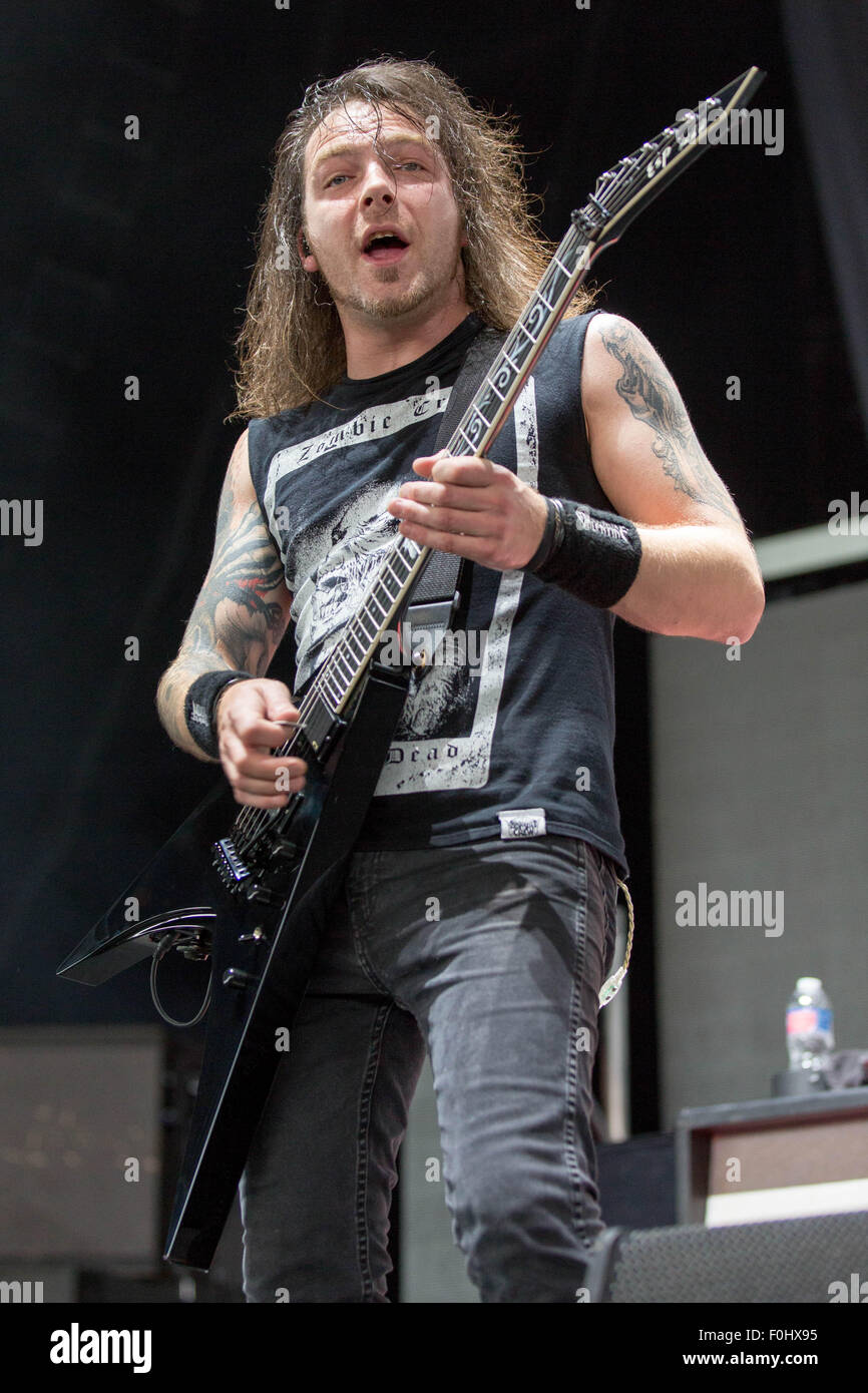 Tinley Park, Illinois, USA. 15th Aug, 2015. Guitarist MICHAEL PAGET of Bullet For My Valentine performs live on the 'Summer's Last Stand' tour at the Hollywood Casino Amphitheatre in Tinley Park, Illinois Credit:  Daniel DeSlover/ZUMA Wire/Alamy Live News Stock Photo