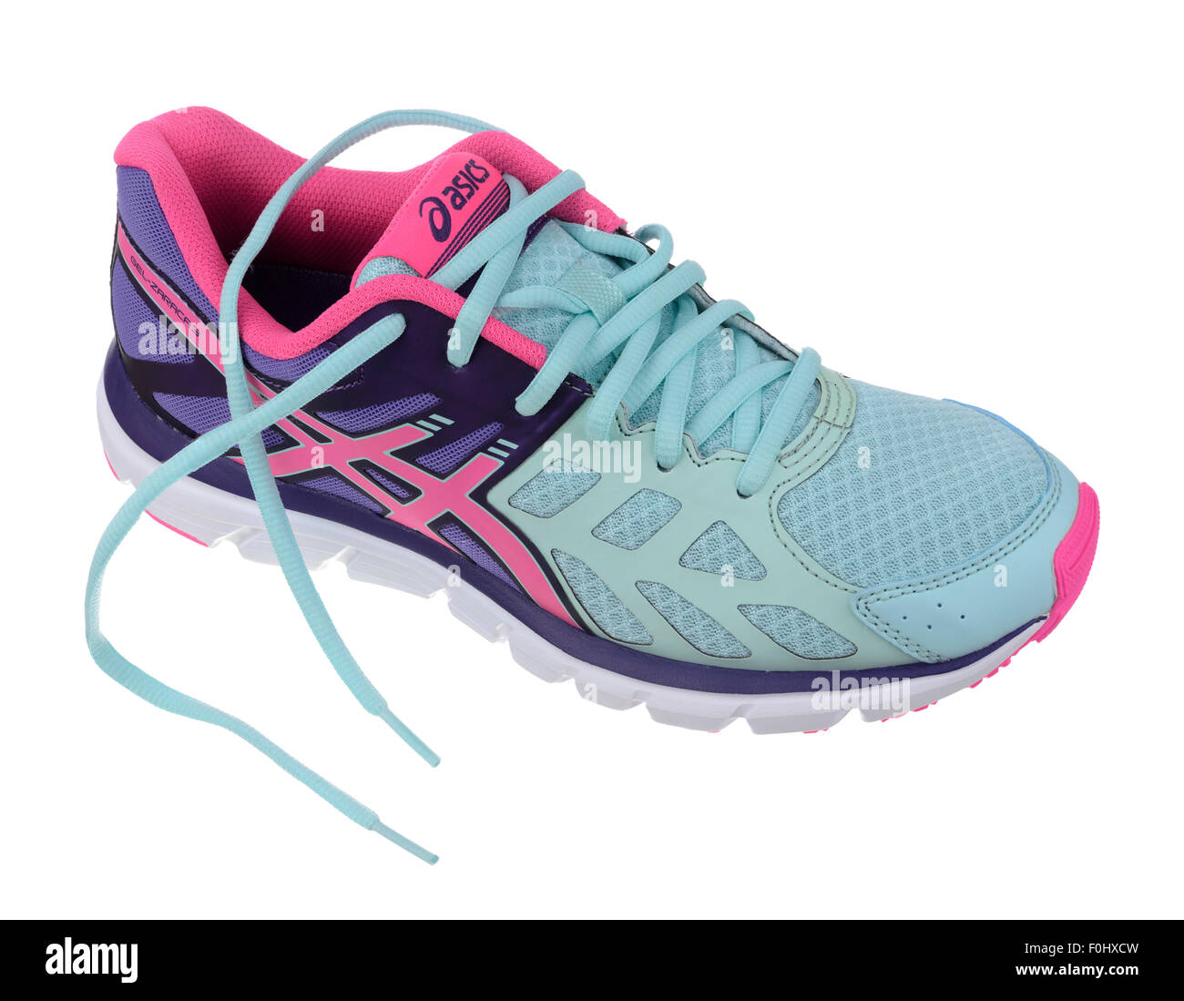Turquoise blue and pink Asics Zaraca 3 running shoe cut out isolated on  white background Stock Photo - Alamy