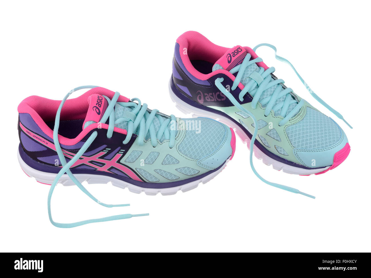 Turquoise blue and pink Asics Zaraca 3 running shoes cut out isolated on  white background Stock Photo - Alamy