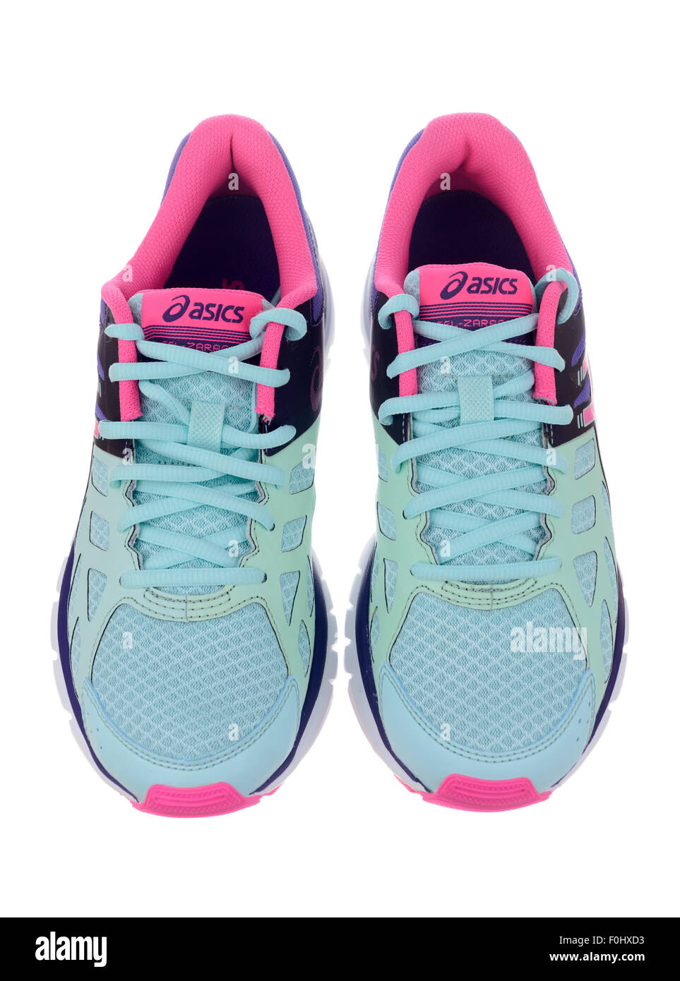 Turquoise blue and pink Asics Zaraca 3 running shoes cut out isolated on  white background Stock Photo - Alamy